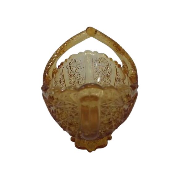 Amber Glass Basket Small Daisy Pattern Split Twig Handle Candy Dish - Picture 4 of 10